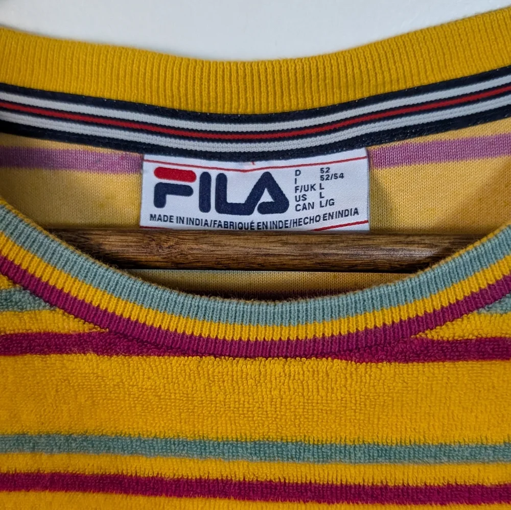 Fila UO Men's Retro Yellow Stripe Cotton Terry Cloth Tee Shirt - Picture 3 of 8